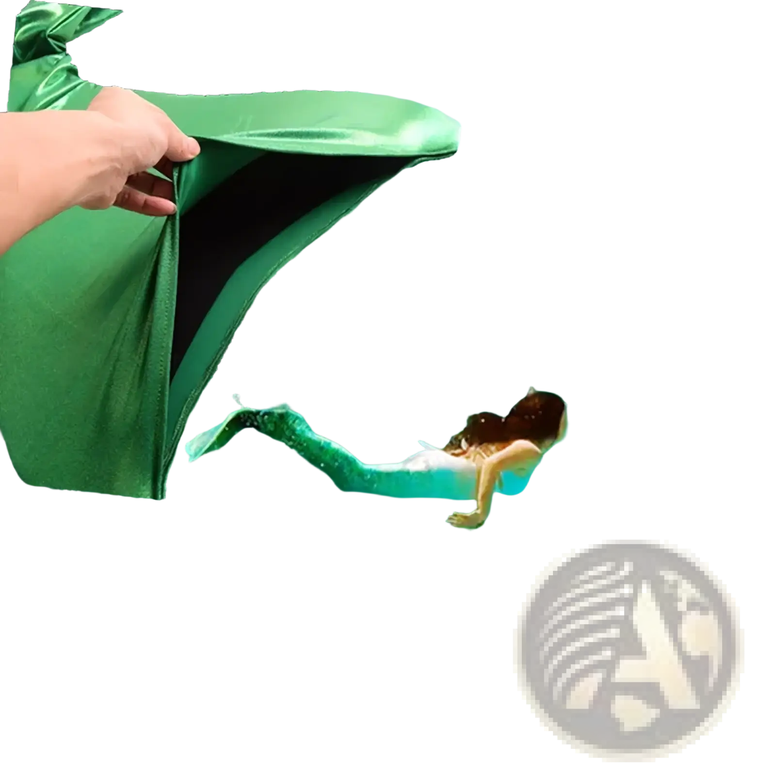 Adult mermaid swim fin training flippers with a green shiny satin finish and black inner lining shown from the back side