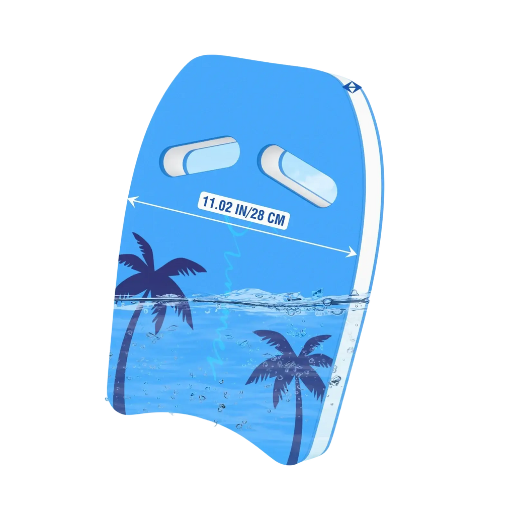 Blue eva foam adult swim kickboard with white trim and black palm tree graphics for training and flotation