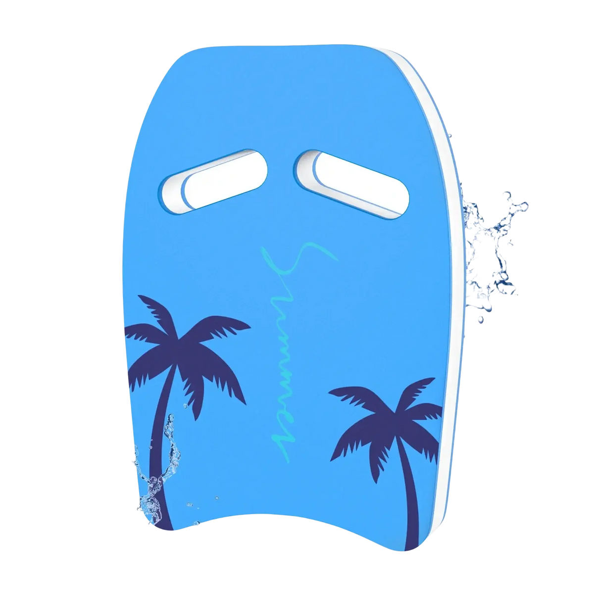 Blue eva foam adult swim kickboard training float with white handles and black palm tree decals