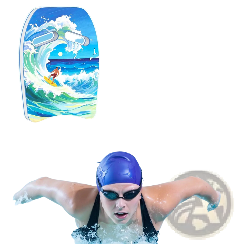 Blue adult swim kickboard eva foam training float with ocean wave graphic and ergonomic hand paddle handle design