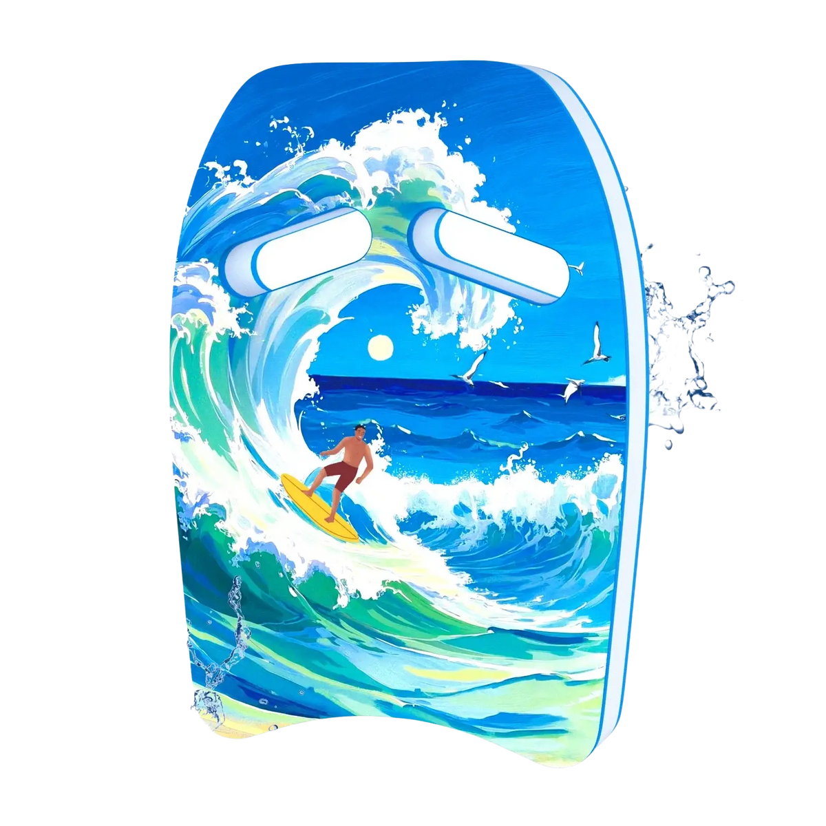 Adult swim kickboard Eva foam training float in blue with ocean wave design and white handle grips