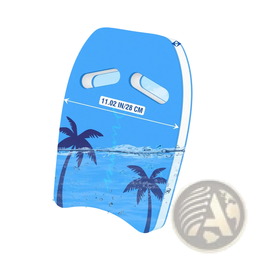 Blue eva foam adult swim kickboard with white trim and black palm tree graphics for training and flotation