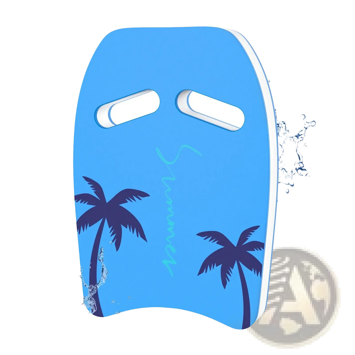Blue eva foam adult swim kickboard training float with white handles and black palm tree decals
