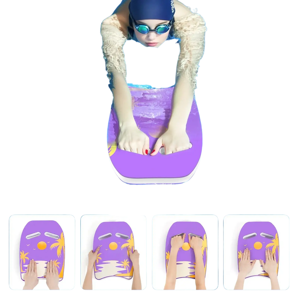 Purple eva foam adult swim kickboard float with palm tree and sun design featuring multiple secure grips
