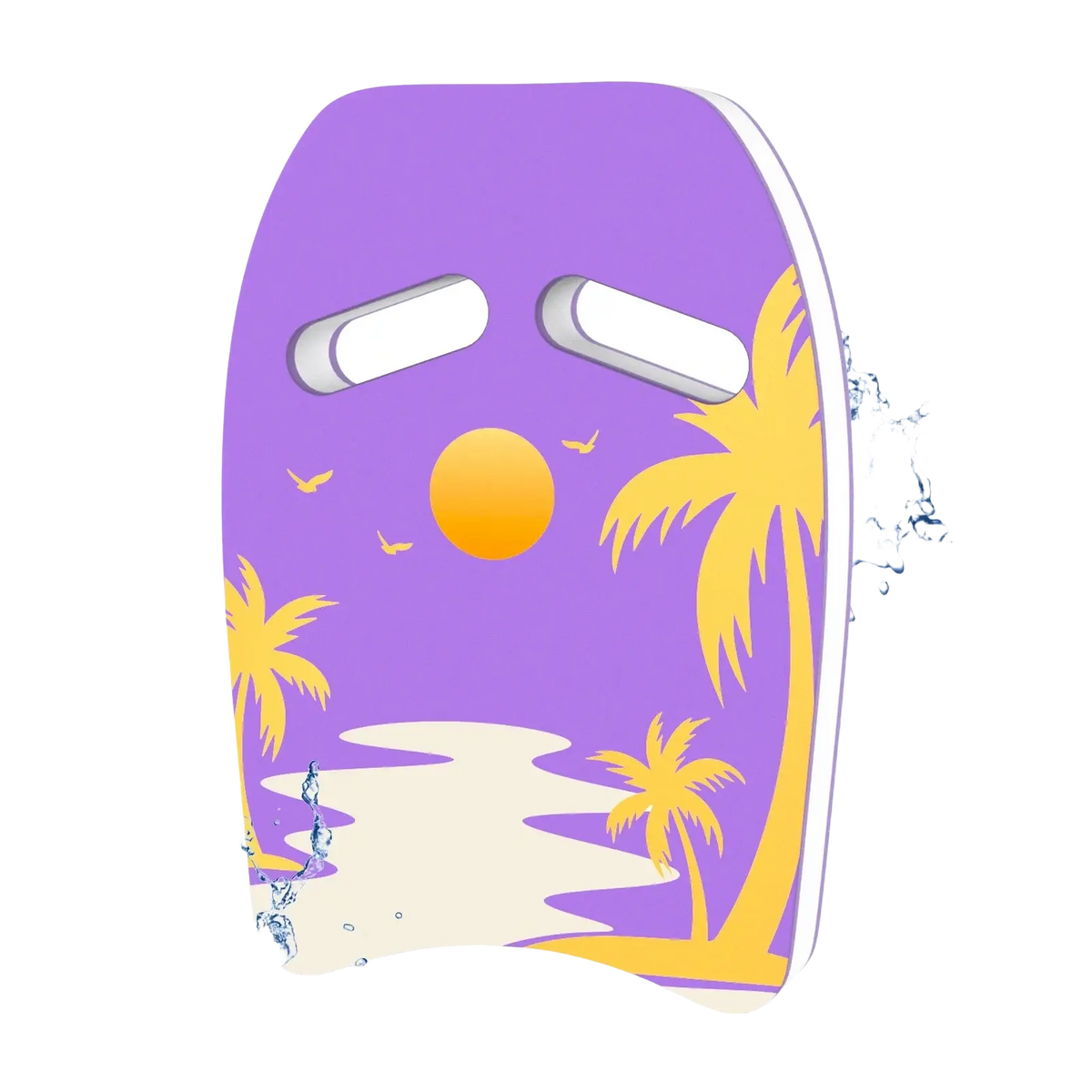 Adult swim kickboard eva foam training float in purple with yellow palm trees sun and birds printed on surface