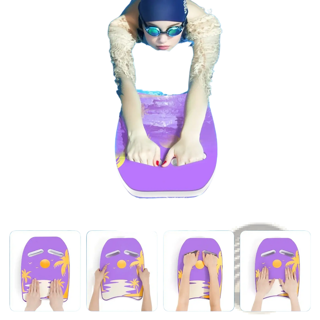 Purple eva foam adult swim kickboard float with palm tree and sun design featuring multiple secure grips