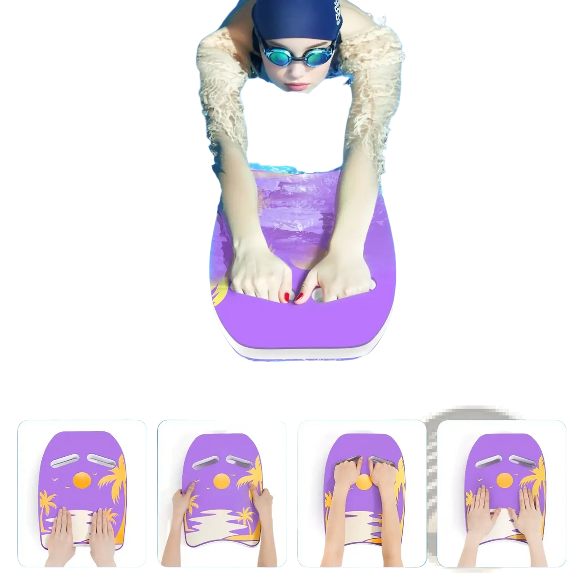 Purple eva foam adult swim kickboard float with palm tree and sun design featuring multiple secure grips