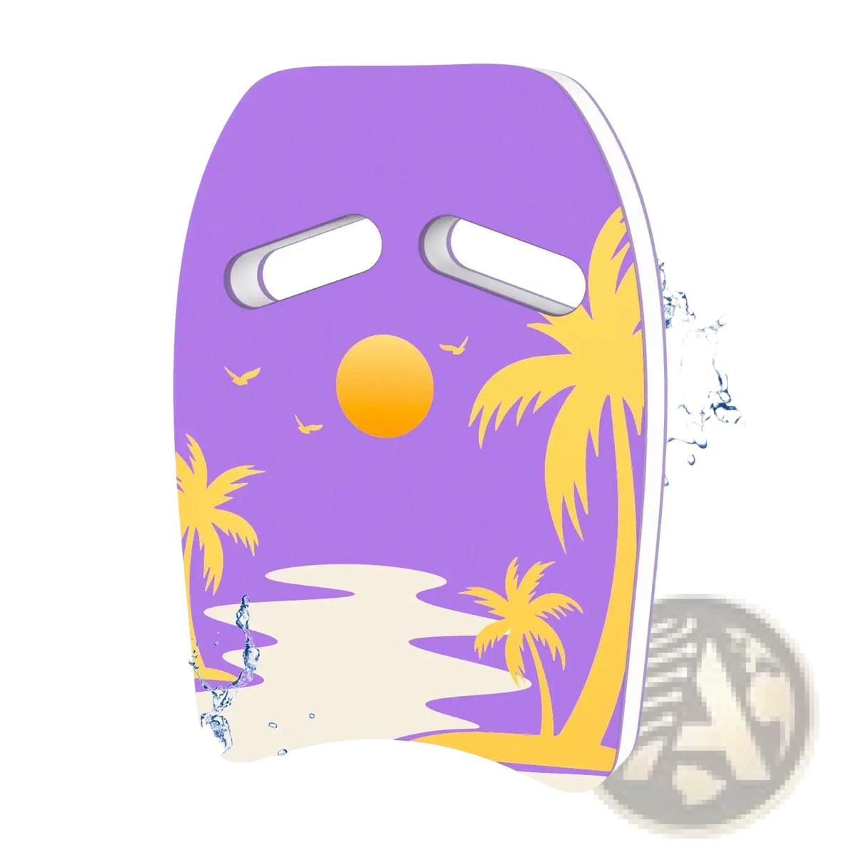 Adult swim kickboard eva foam training float in purple with yellow palm trees sun and birds printed on surface