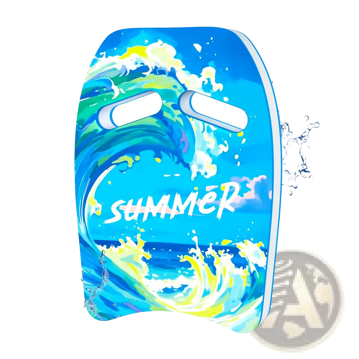 Adult swim kickboard eva foam training float in vibrant blue with ocean wave design white handle grips and summer text