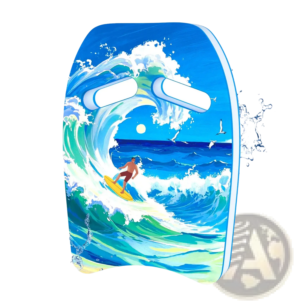 Adult swim kickboard Eva foam training float in blue with ocean wave design and white handle grips
