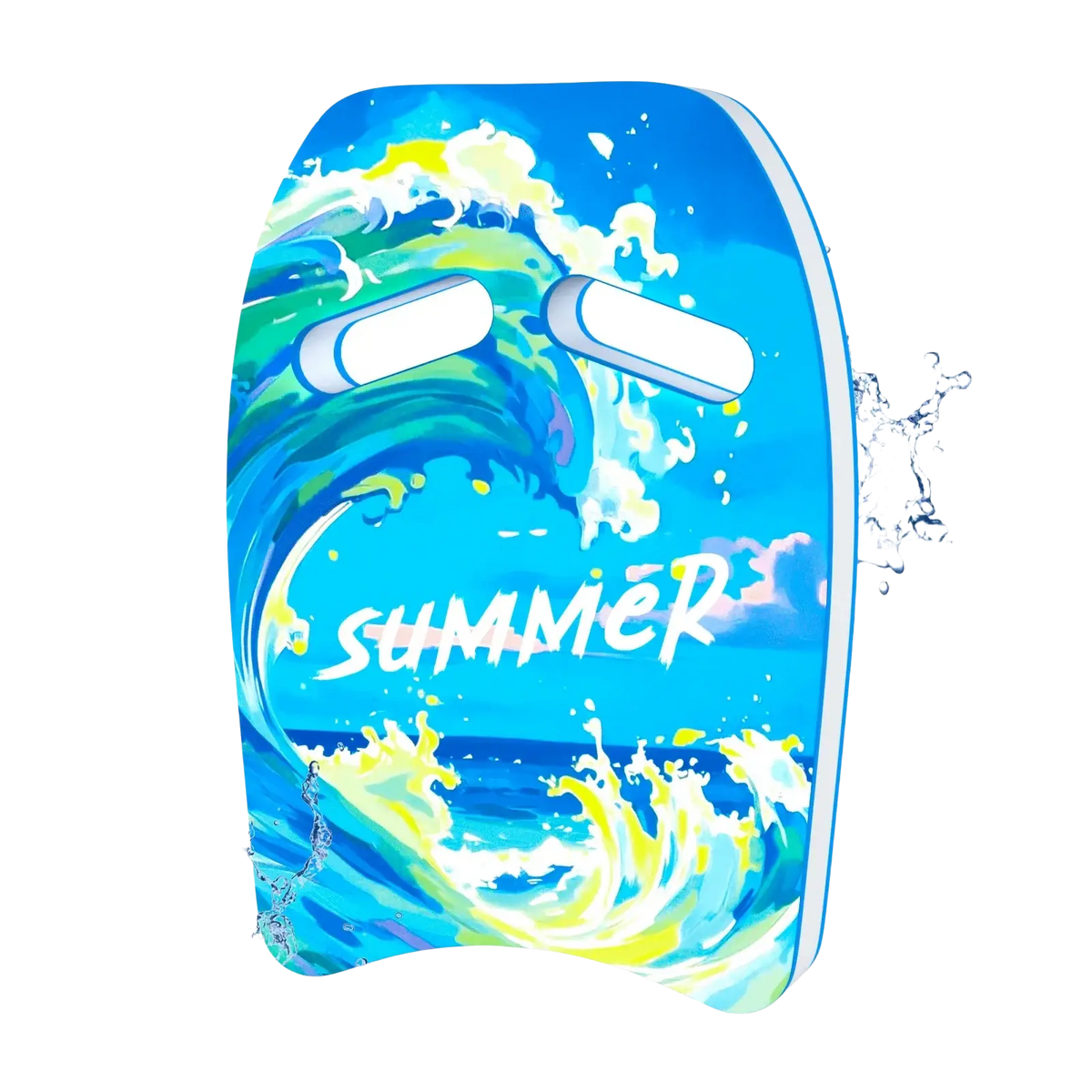 Adult swim kickboard eva foam training float in vibrant blue with ocean wave design white handle grips and summer text