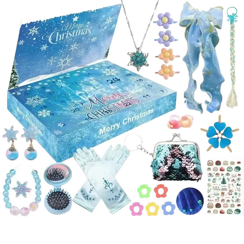 Blue snowflake-themed advent calendar box for girl diy jewelry hairpin set delivered randomly in holiday packaging