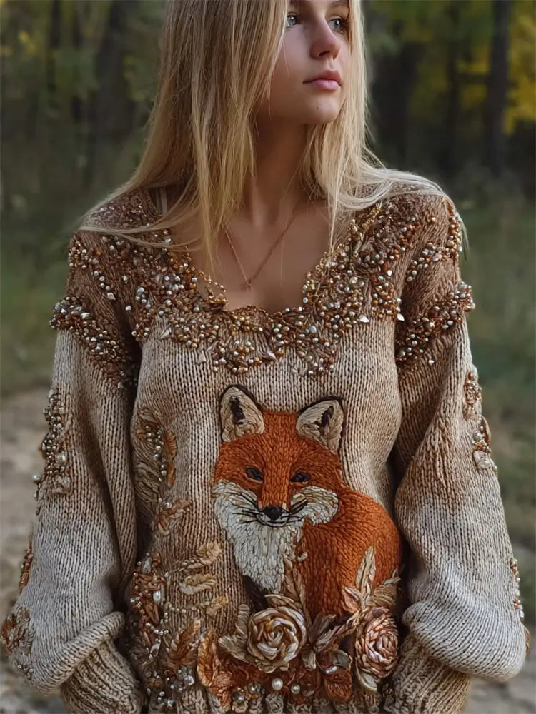 Suéter esponjoso de punto color beige con zorro naranja bordado y detalles florales, realzados con abalorios con tono dorado a lo largo del escote y las mangas, para vestir en Navidad.