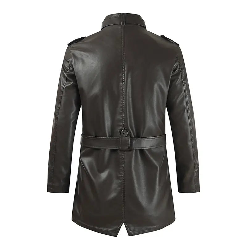 men’s mid-length fleece lined black faux leather trench coat with belted waist and shoulder epaulets shown from the front