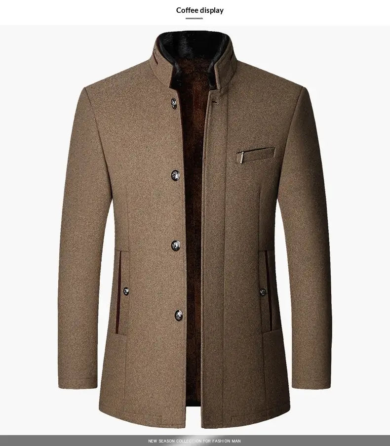 A stylish brown woolen coat with a high collar and silver buttons featured as a mens wool casual stand collar jacket navy.