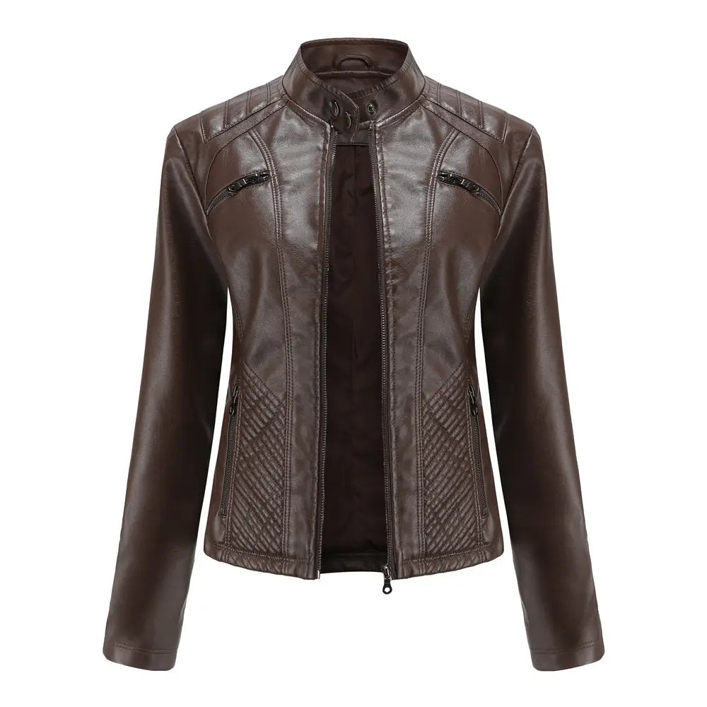 Braune Faux-Leder-Motorradjacke mit Stepp-Paneling im Slim-Fit-Design und Reißverschlusstaschen, entworfen als Oberbekleidung