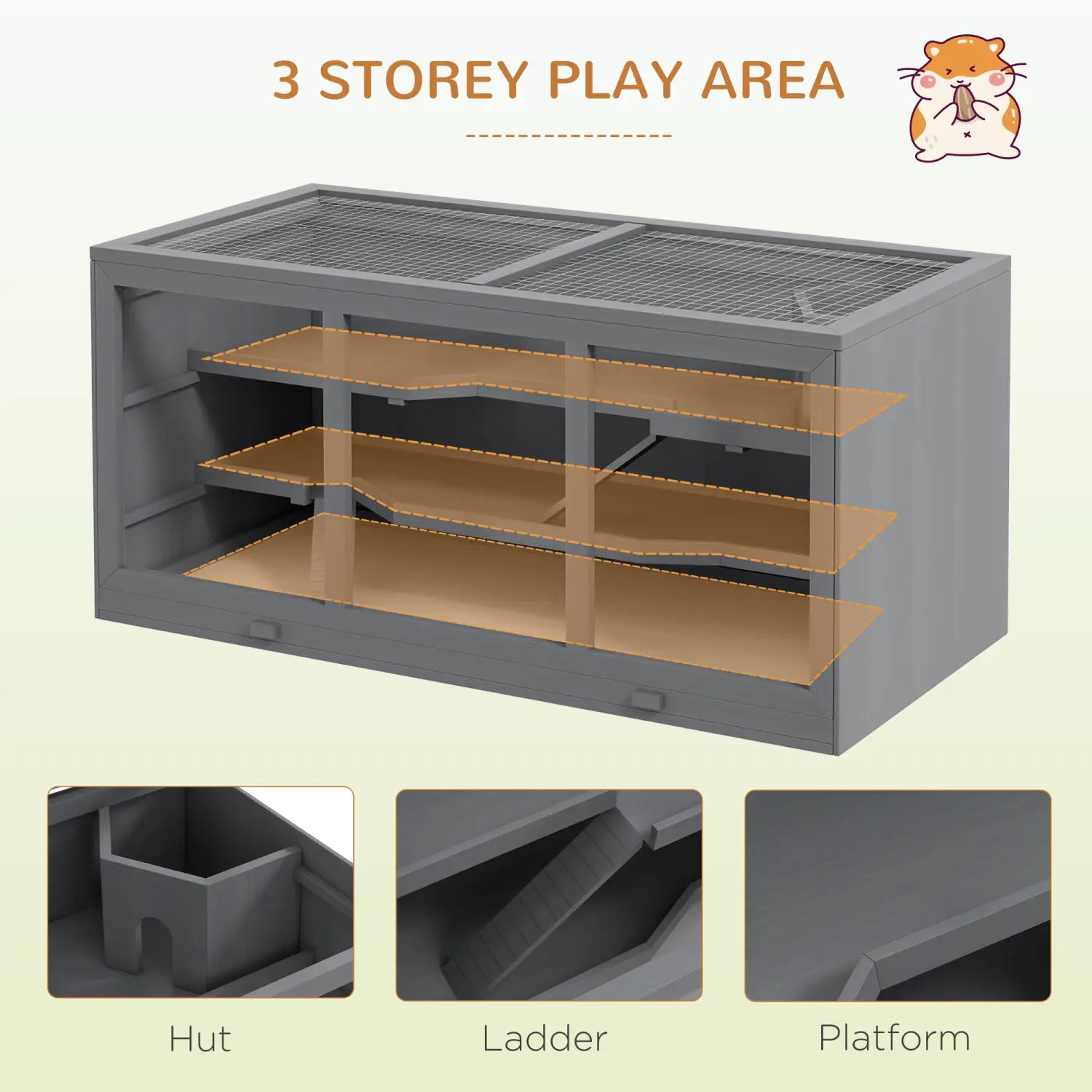 Gray plastic multi-level hamster play area with wooden shelves and mesh top designed as a small animal habitat wooden hamster cage