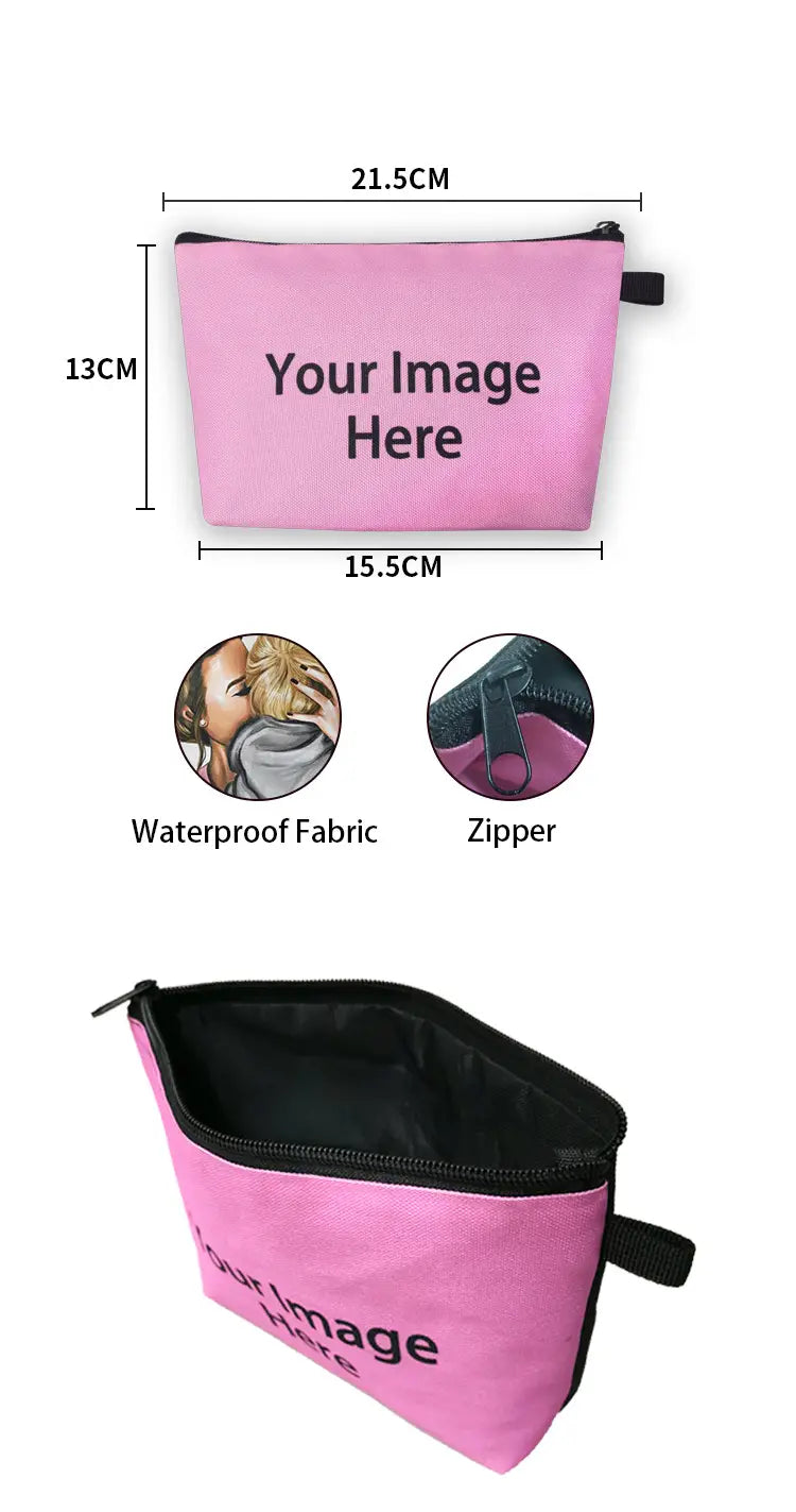 pink waterproof fabric cosmetic bag with a black zipper and handle designed as a whimsical bow and lace travel clutch
