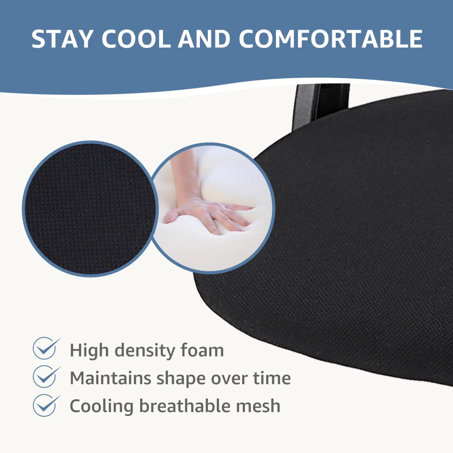 Coussin en mousse haute densité noire avec housse respirante en maille rafraîchissante pour une chaise de bureau à dossier en maille ergonomique avec accoudoirs relevables.