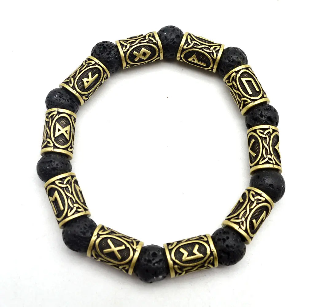 Asgard silver rune and black lava stone viking bracelet featuring gold-toned metal beads with Norse rune designs on a stretch band.