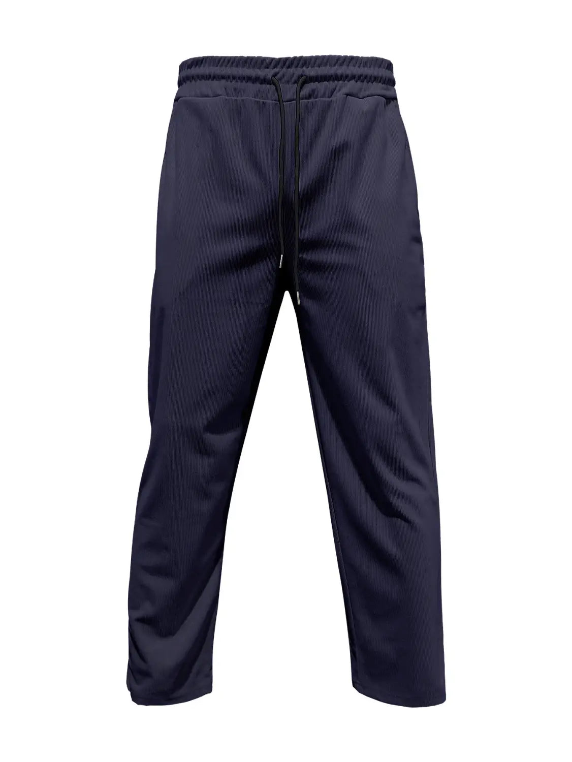 Pantalones casuales rectos de pana azul marino oscuro con cordón, con cinturilla y sutiles relieves verticales