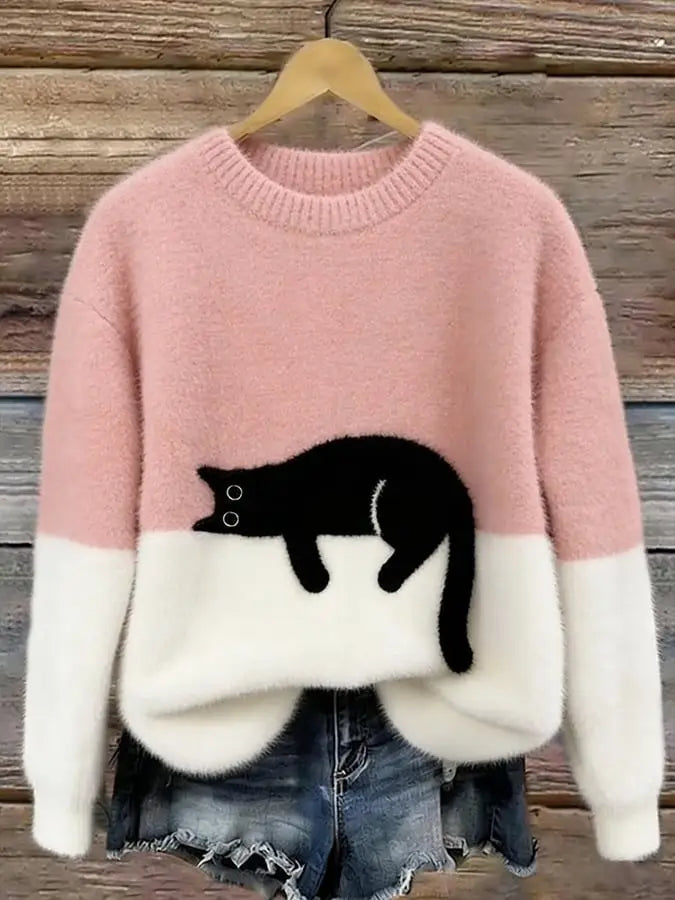 Rosa-weißes zweifarbiges Fleece-Pulloveroberteil mit schwarzem Katzenapplikationsdesign für die Weihnachtszeit.