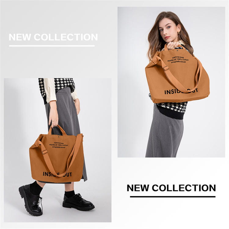 Tan canvas tote bag with high end large capacity black inside out lettering and wooden ring handles.