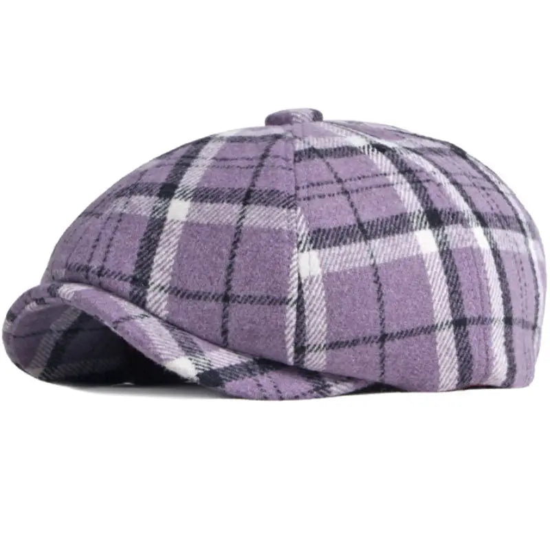 A stylish purple plaid wool cap for women featuring a classic eight-panel design and a curved brim.