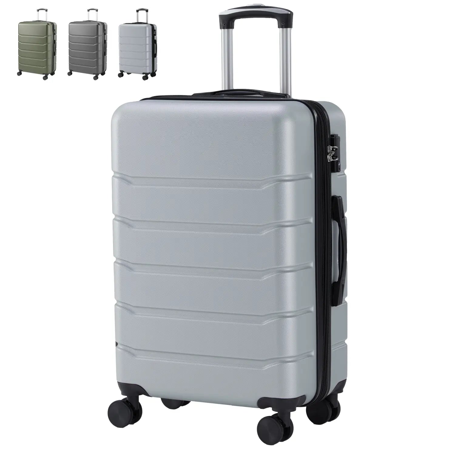 Silver abs spinner expandable hard shell suitcase with black trim, wheels, and handle shown from the back side.