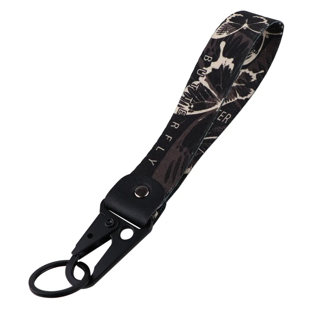 Butterfly wrist strap keychain with black and white butterfly pattern and black metal carabiner clip.