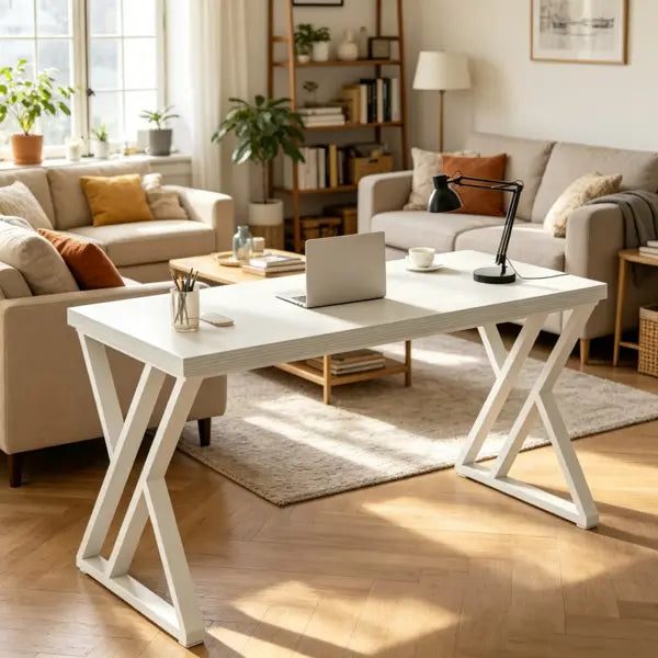 Escritorio de escritura industrial de 55 pulgadas, mesa de madera blanca con diseño de patas en forma de X en blanco, mostrado desde el lado posterior.