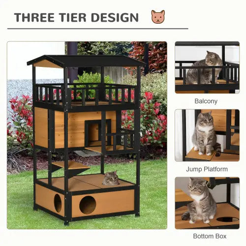 Black and light brown three-tier wooden outdoor cat house with metal framing and circular entry holes designed as a multi level shelter.