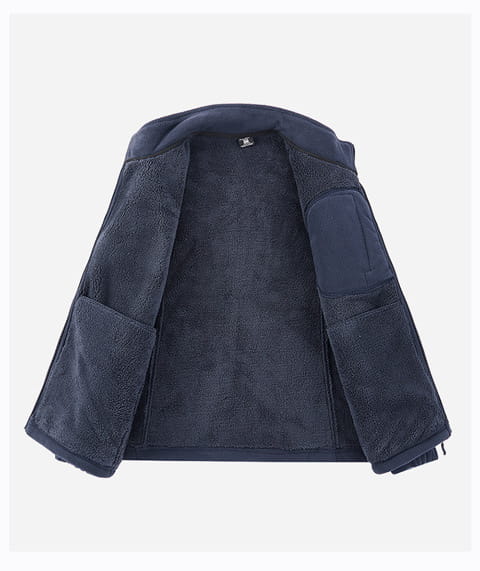 Dark navy mens fleece casual multipocket winter jacket with plush interior and reinforced patch pockets.