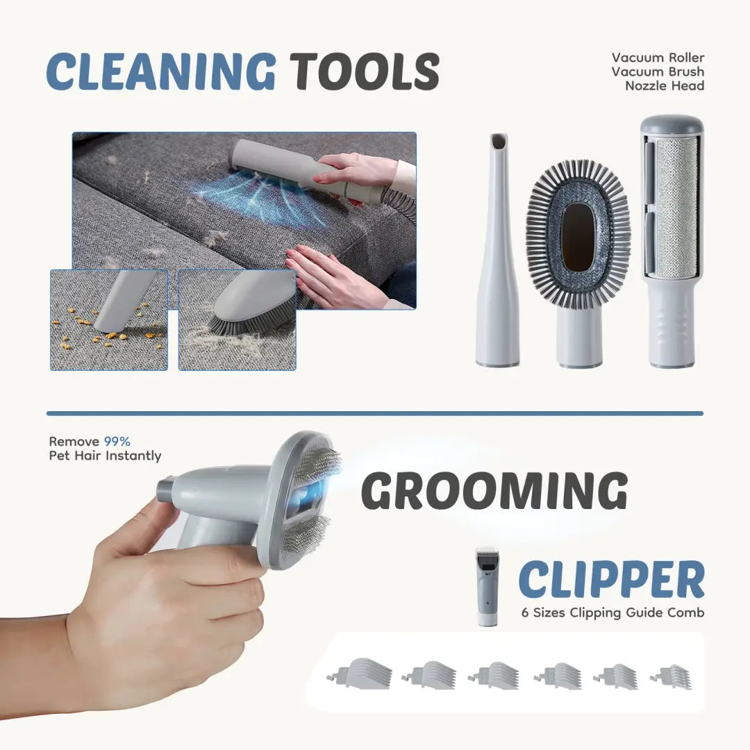 Gray handheld pet grooming vacuum clipper with brush head and blue light designed for pet hair removal in a 2.5 liter kit