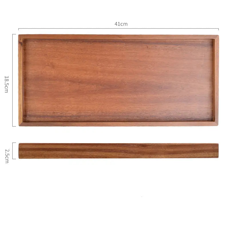 Acacia wood rectangular serving tray with a smooth warm brown finish and natural wood grain hand polished for durability and elegance.