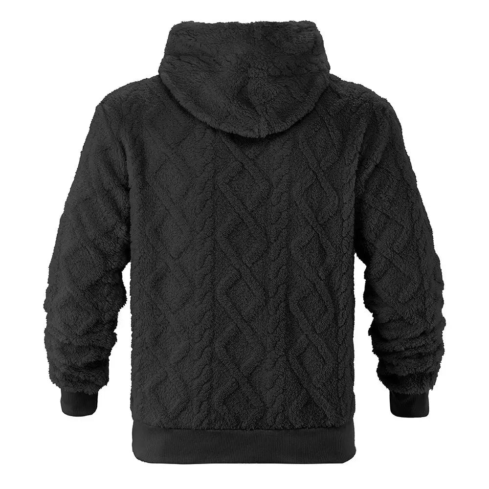 Men’s black textured fleece lined knit hoodie featuring a diamond-patterned knit texture and fuzzy hood.
