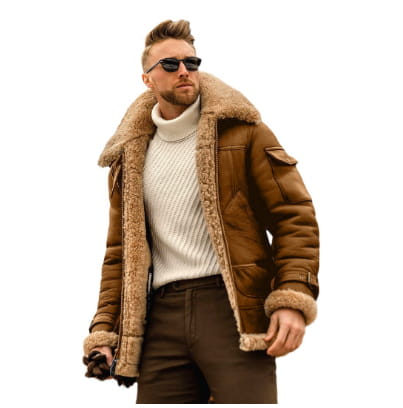 veste bomber en faux cuir d’agneau marron, avec doublure et poignets en fourrure d’agneau beige clair