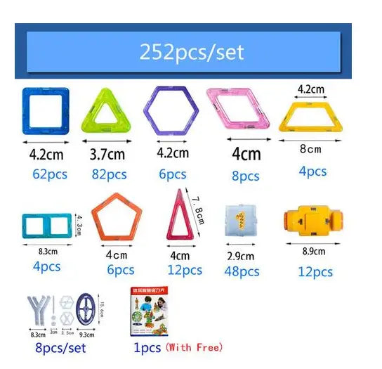 Un assortiment coloré de 252 blocs de construction magnétiques de formes et de tailles variées, notamment des carrés, des triangles, des hexagones et des pentagones, pour un jeu éducatif et créatif.