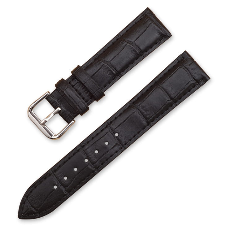 Black crocodile-patterned leather watch strap with silver-toned buckle from the crocodile leather watch strap set with buckle.