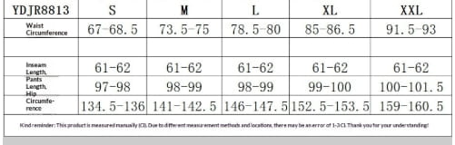 Size chart for ydjr813 checkered harem pants wide leg drawstring trousers showing waistband measurements in centimeters from size s to xxl.