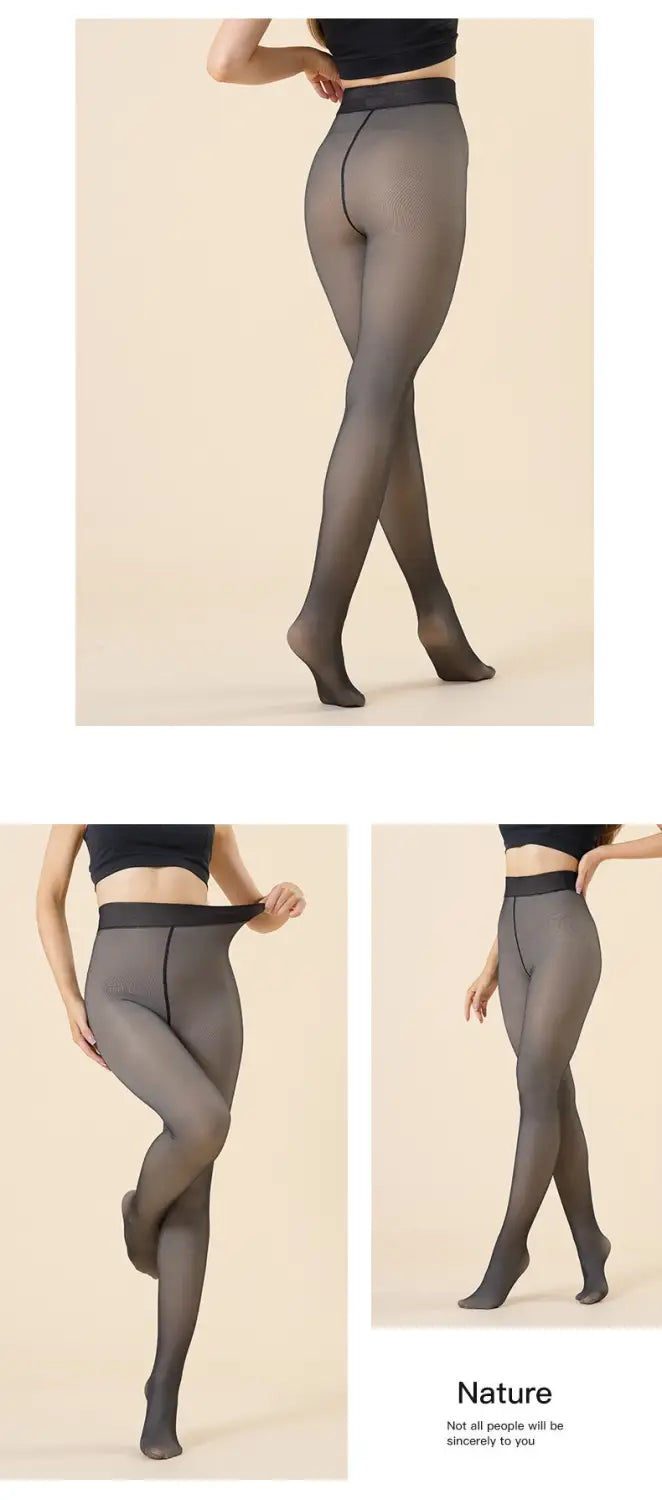 Schwarze transparente, warme fleecegefütterte Strumpfhosen-Leggings mit glattem, elastischem Material und verstärktem Bund