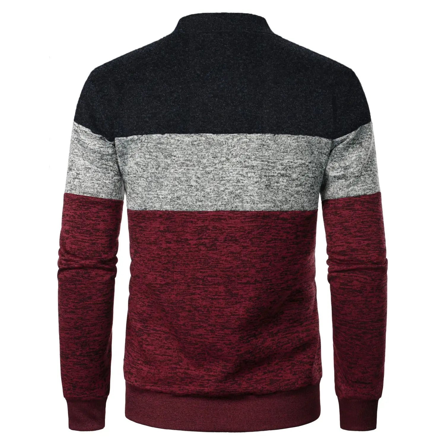 A men’s colorblock knit bomber jacket with a high collar and horizontal stripes in black heather gray and maroon.