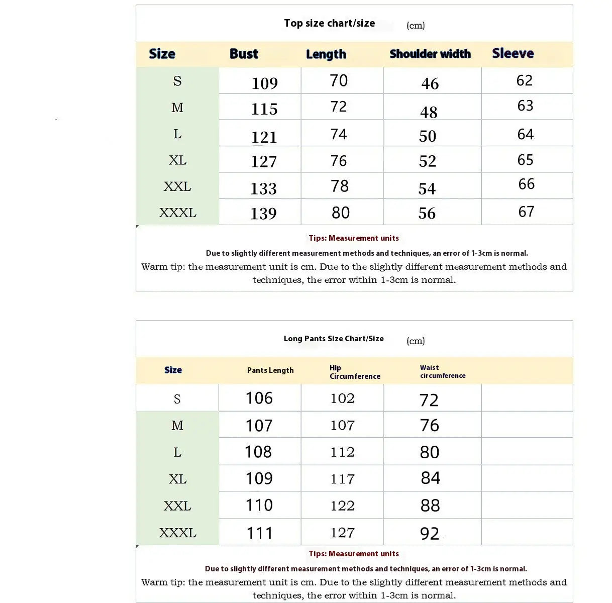Top size chart for men slim fit checkered tracksuit zip jacket pants showing bust length shoulder width and sleeve measurements in centimeters from size s to xxxl.