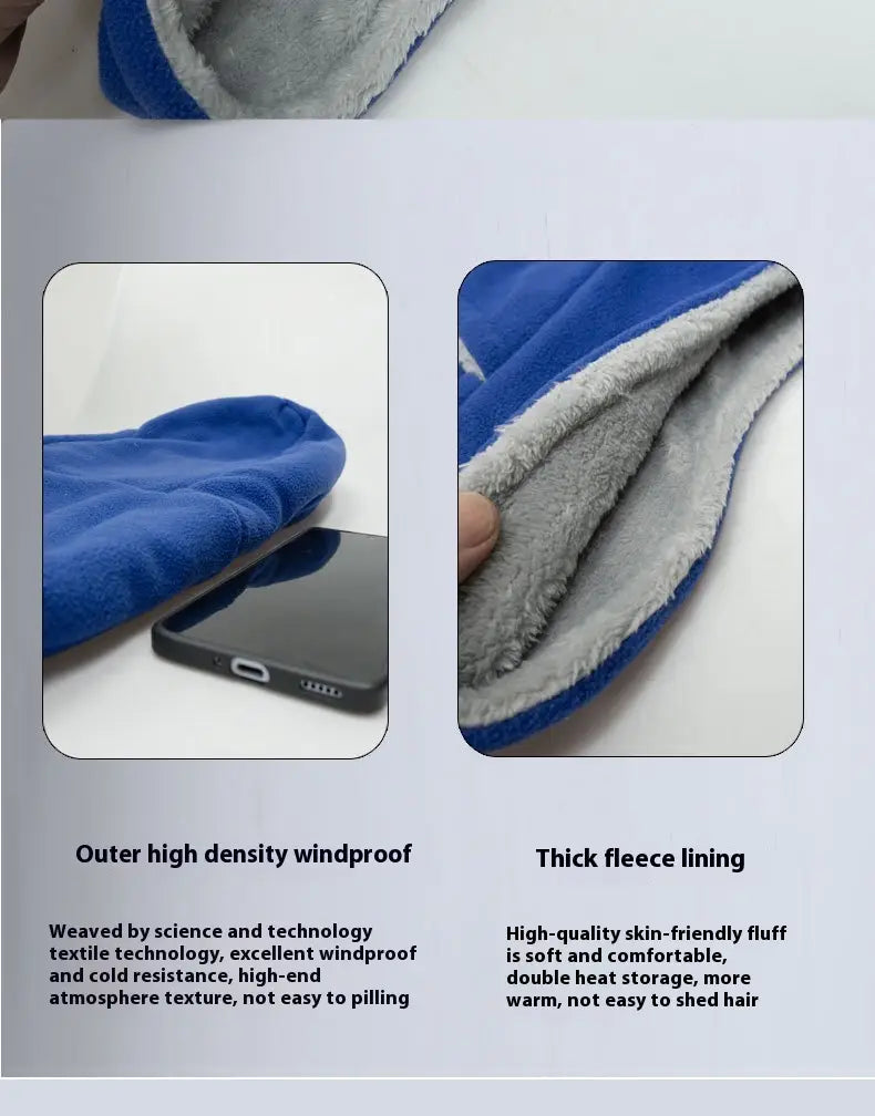 blue and gray fleece-lined winter scarf with high-density windproof outer layer designed for cold weather use in a fleece hooded balaclava winter thermal hat product.
