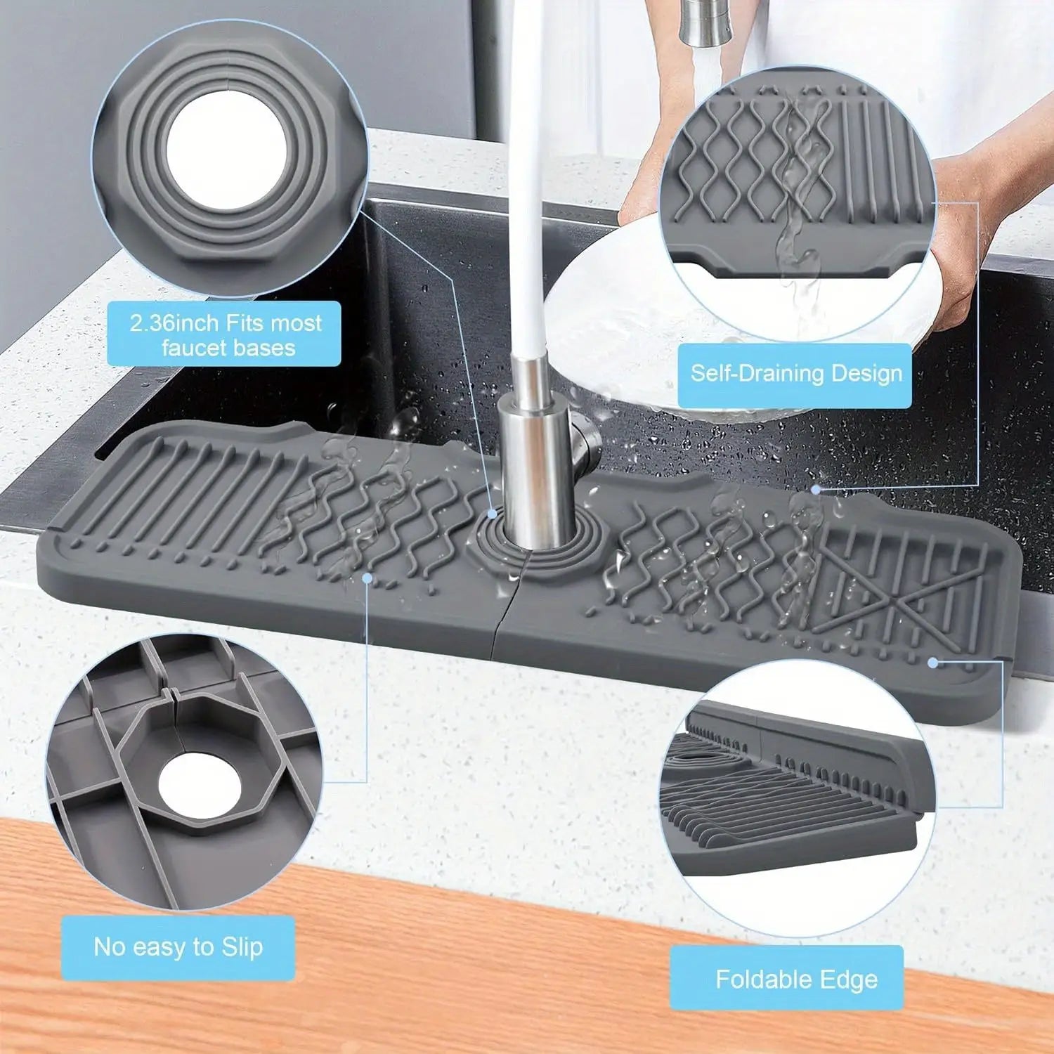 Dark gray silicone self draining kitchen sink faucet mat with a foldable edge for efficient water drainage.