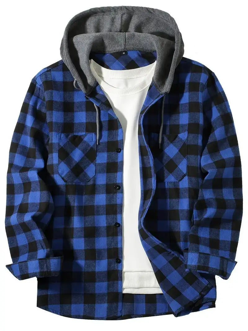 Men’s plaid hooded flannel shirt in blue and black with a gray fleece-lined hood made of soft flannel material.