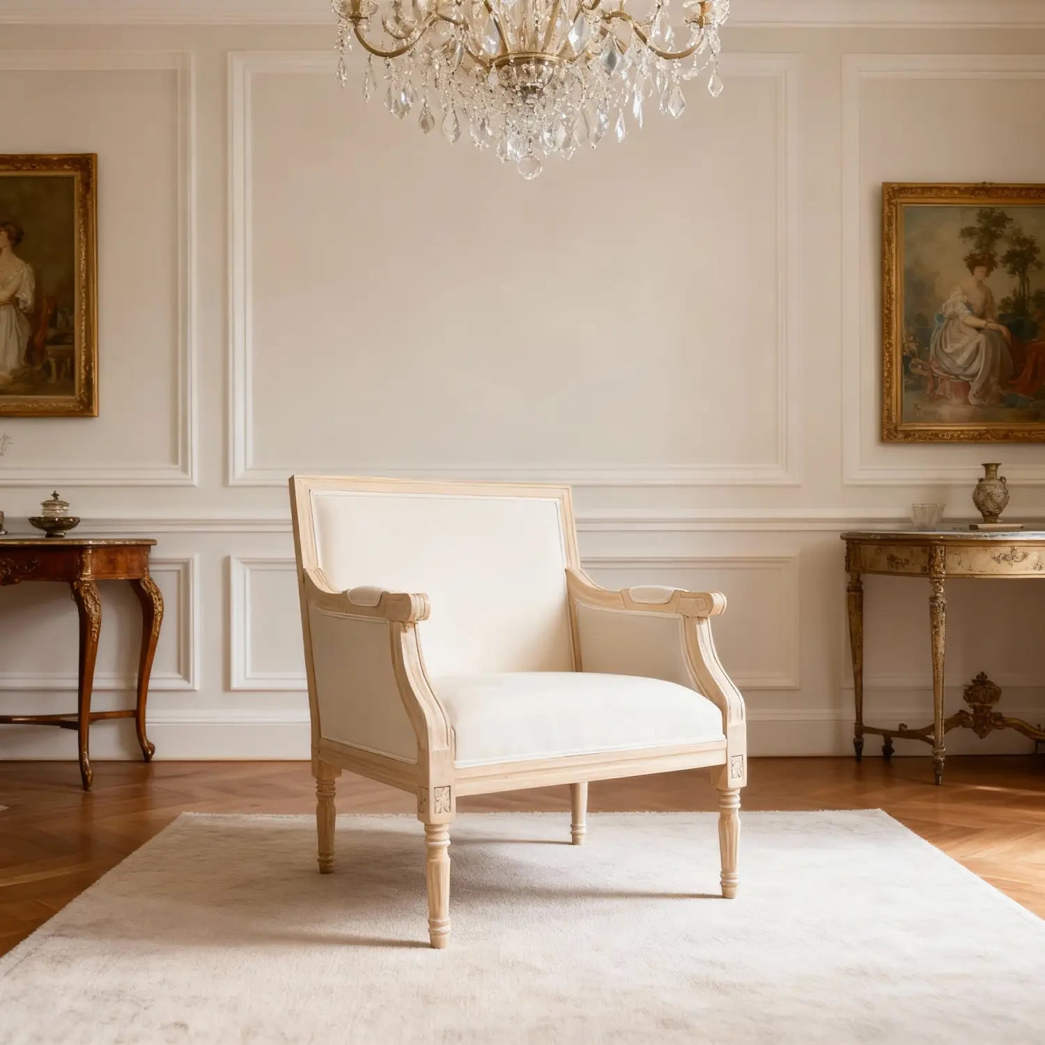 Silla francesa de acento elegante color crema, tapizada en color crema, con marco de madera clara envejecida y brazos clásicos curvados