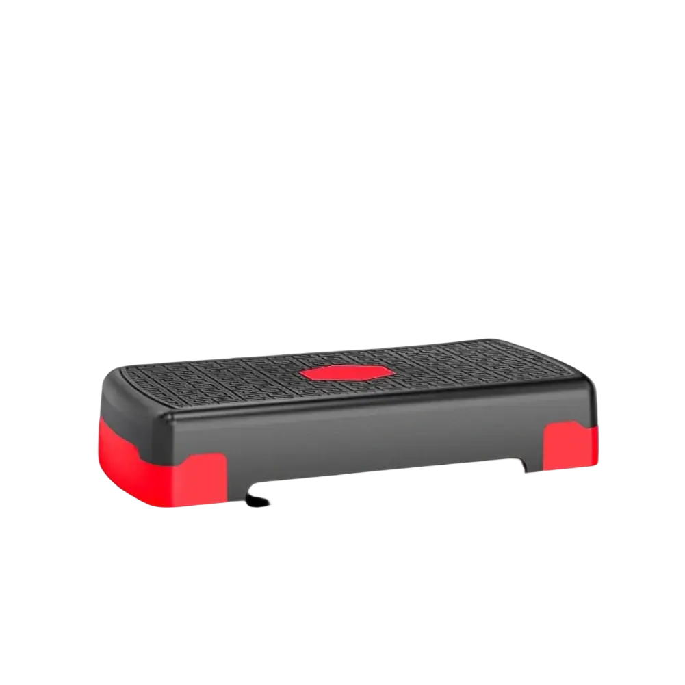 Black and red aerobic stepper platform pedal with textured grip surface for home workout fitness