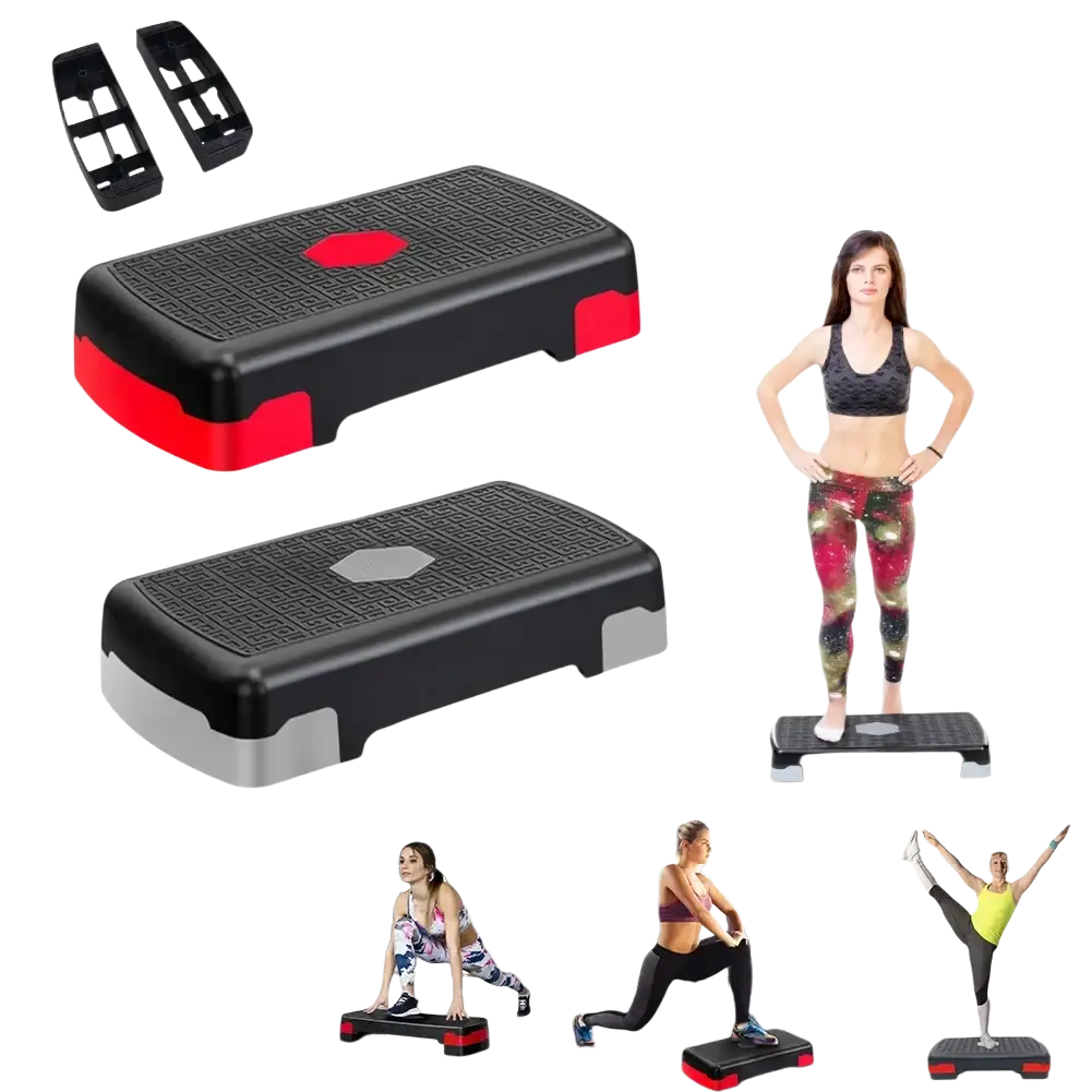 Aerobic stepper platform for home workout fitness with black and red textured grip surface for high-impact workouts