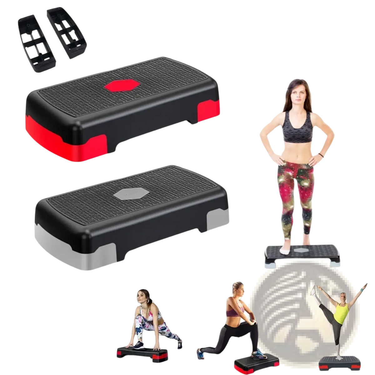 Aerobic stepper platform for home workout fitness with black and red textured grip surface for high-impact workouts
